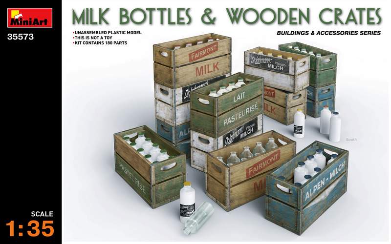 MT35573 MILK BOTTLES & WOODEN CRATES